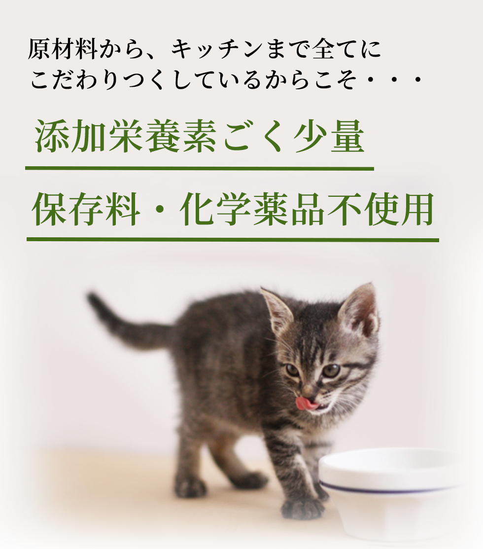 原材料から、キッチンまで全てにこだわりつくしているからこそ・・・添加栄養素ごく少量　保存料・化学薬品不使用